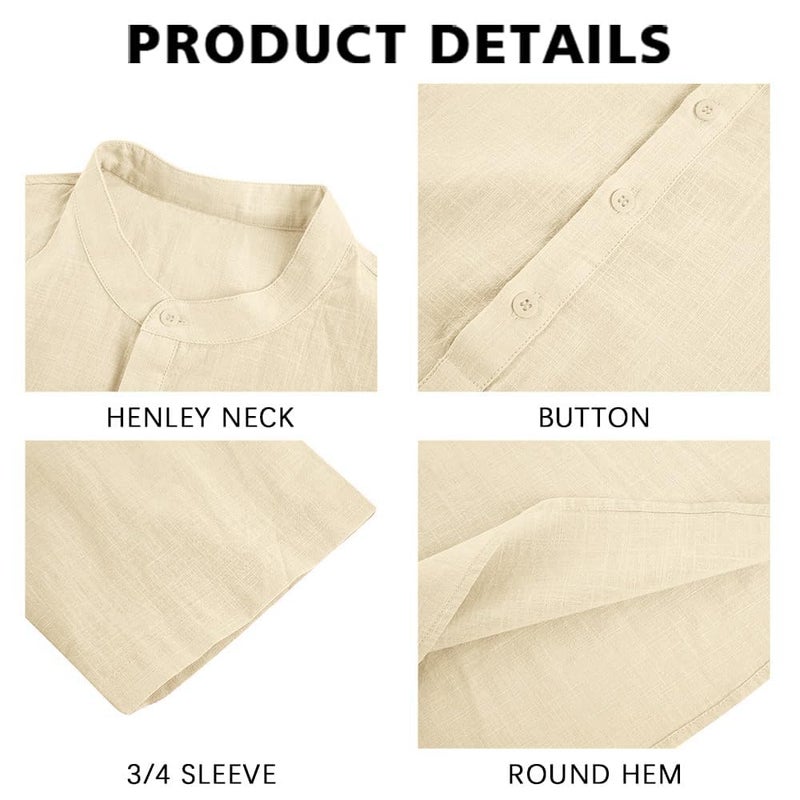 Ryannology Mens Linen Shirts Henley 3/4 Sleeve Casual Cotton T-Shirt Regular-Fit Lightweight Beach Yoga Tunic Tops - Image 2